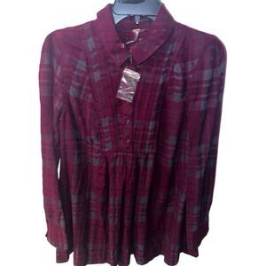 Free People Baby Blues Plaid Tunic Top Burgundy Plaid Button Front Womens Sz XS
